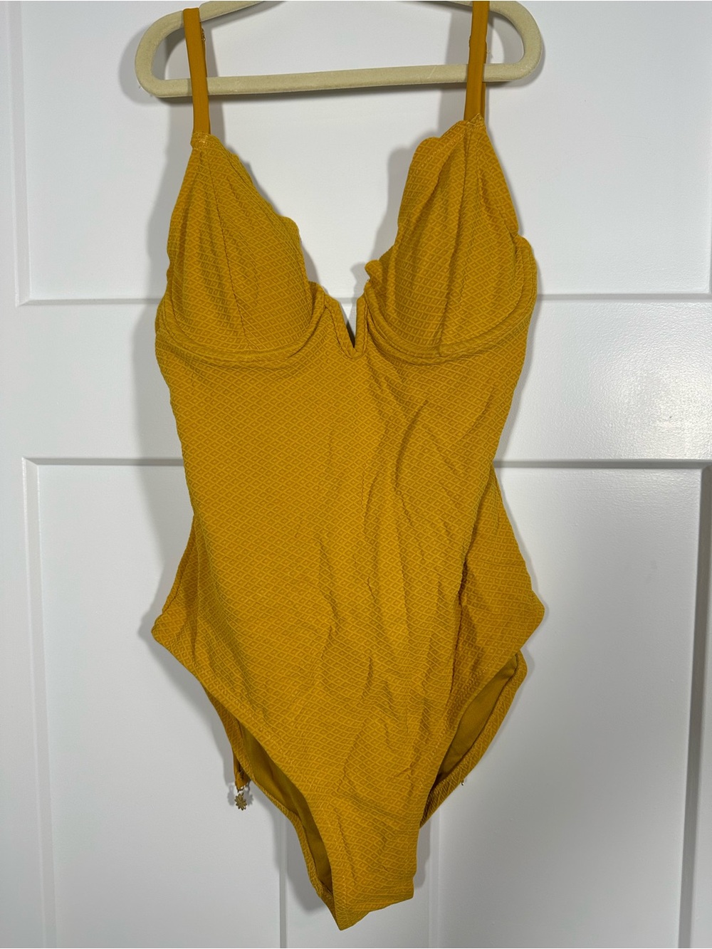 Mustard Yellow Textured One-Piece Swimsuit with scalloped detailing on neckline